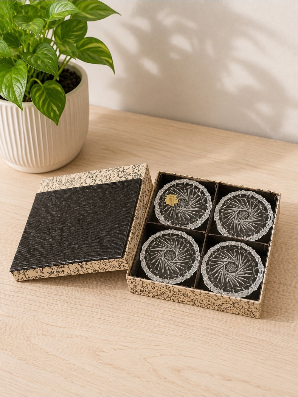 Vintage Crystal de Belfor Bohemia Pinwheel Star Coasters Set 4 Lead‎ Crystal